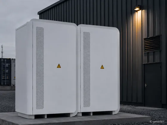 Kompakte Batteriespeicher-Einheiten vor einer Gewerbehalle