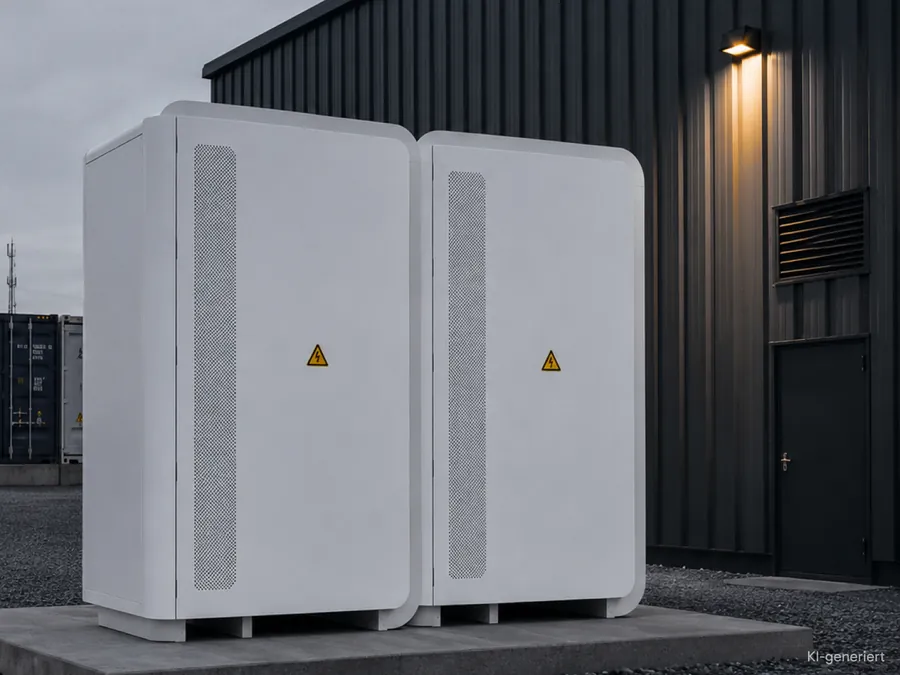 Zwei kompakte Batteriespeicher-Einheiten vor einer Gewerbehalle