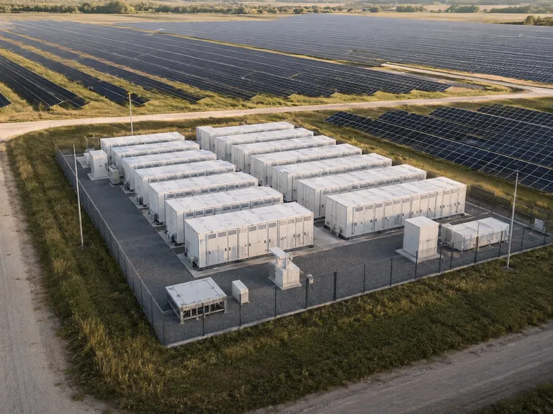 Luftaufnahme eines Batteriegroßspeicher-Parks neben Solarfeldern