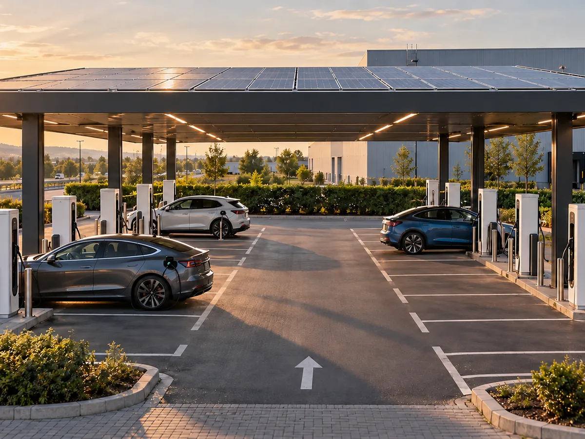 Schnellladepark mit zehn Ladesäulen unter Solardach am Rand eines Gewerbegebiets in Autobahnnähe