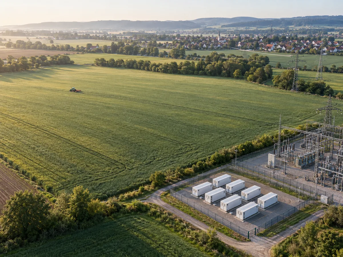 Batteriespeicher auf einer Teilfläche eines Ackers direkt am Umspannwerk, der Rest der Freifläche wird weiter landwirtschaftlich genutzt