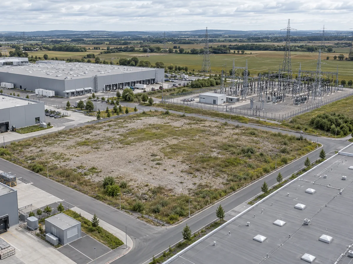 Gewerbegebiet aus der Luft mit ungenutzter Restfläche zwischen den Hallen und Umspannwerk am Rand
