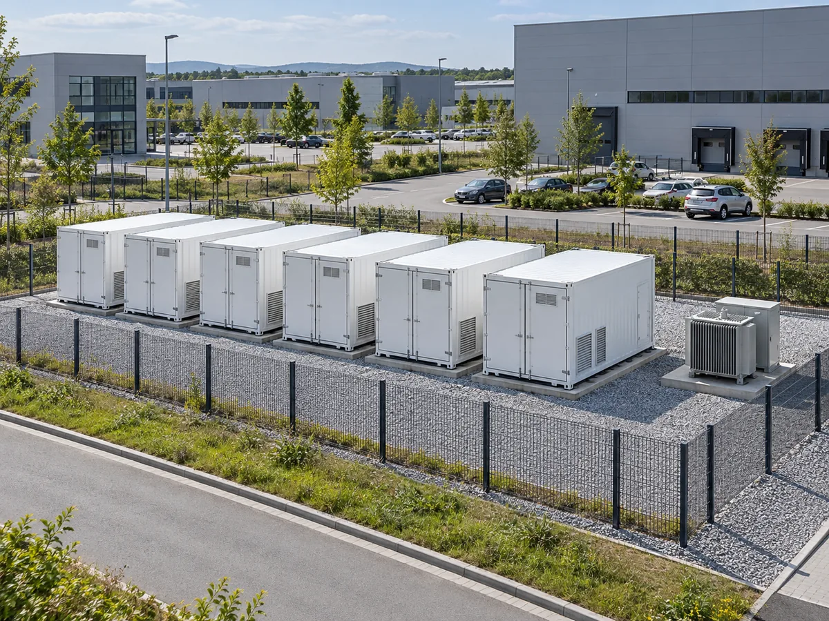 Großspeicher-Container auf einer verpachteten Restfläche im Gewerbegebiet neben Logistikhallen