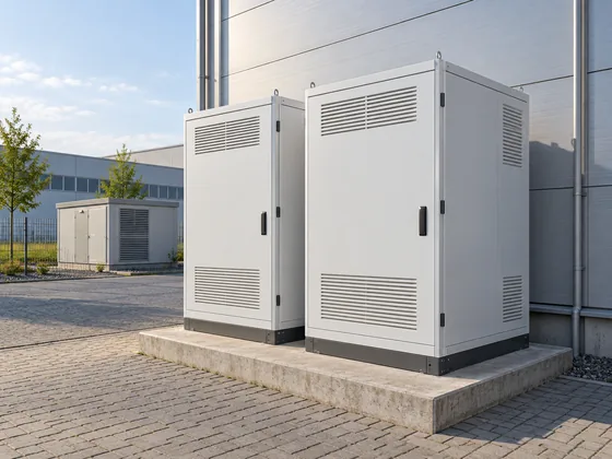 Zwei Batteriespeicher auf Betonfundament auf einer Gewerbefläche, daneben eine Halle, im Hintergrund die Trafostation