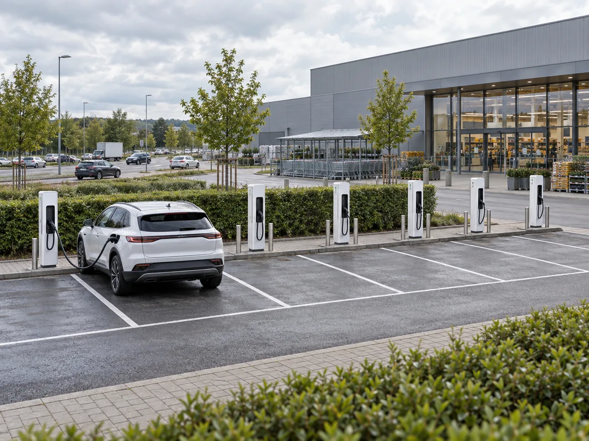 E-Ladepark mit Schnellladesäulen auf dem Parkplatz eines Gewerbestandorts an einer stark befahrenen Straße