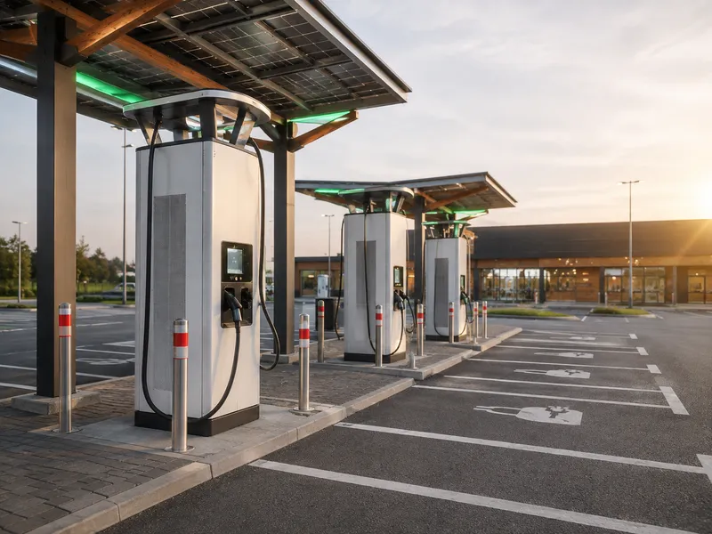 Moderne Schnellladestationen mit Solardach auf einem Gewerbeparkplatz
