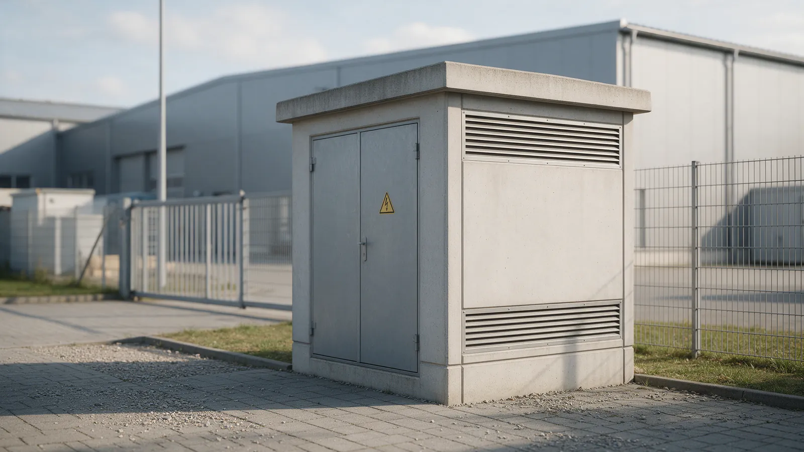Graue Trafostation (Ortsnetzstation) aus Beton mit Lüftungsgittern und Warnschild am Rand eines Gewerbehofs